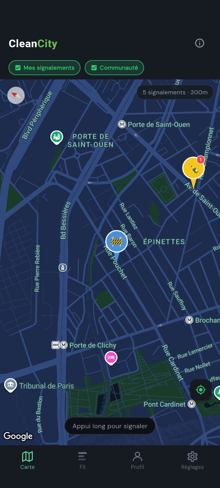Carte des signalements en temps réel dans CleanCity